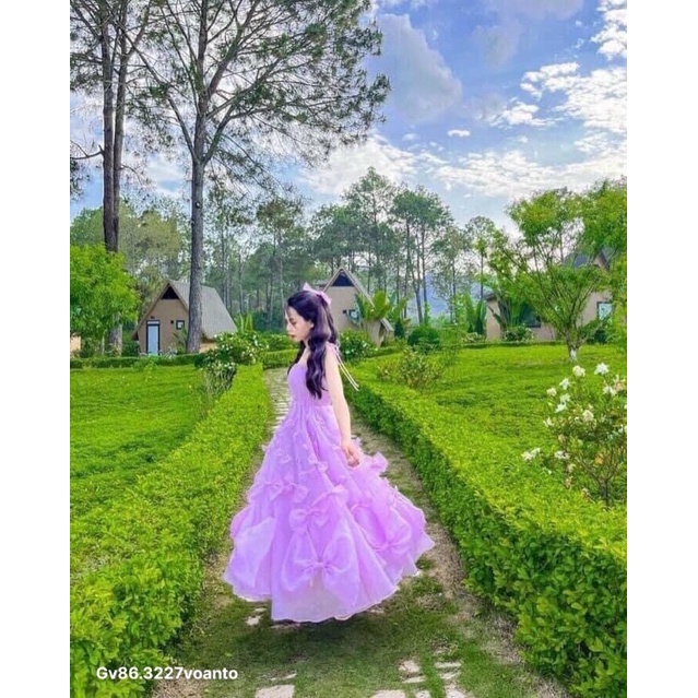 gv86- đầm suông 2 dây tím đính nơ, chất voan tơ lót, có 4 màu