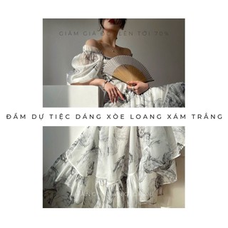 [HOT Trend] Đầm dự tiệc dáng xòe loang xám trắng cam kết ảnh thật cực xinh