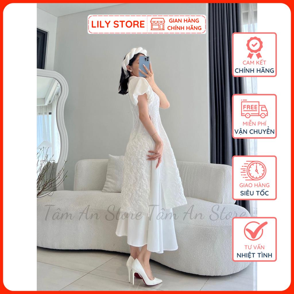 Bộ Áo Dài Gấm Trắng LILY STORE, Áo Dài Cách Tân Nữ Tay Bồng Kèm Chân Váy Xòe Hàng Thiết Kế Đủ Size.