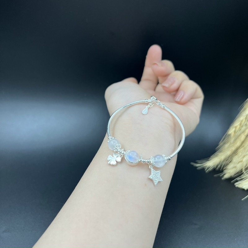 Vòng Tay Phong Thuỷ Đá Mặt Trăng Phối Charm Bạc 925 ( hợp mệnh kim, thủy)