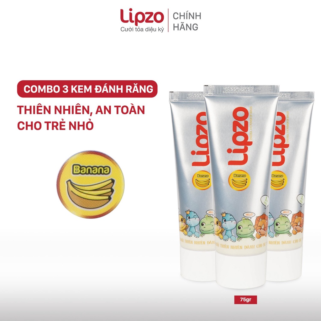 Combo 3 Kem Đánh Răng Trẻ Em LIPZO Vị Chuối Bảo Vệ Răng Sữa 75g Hữu Cơ Ngọt Thơm An Toàn Nuốt Được Dành Cho Trẻ Em Từ 3-