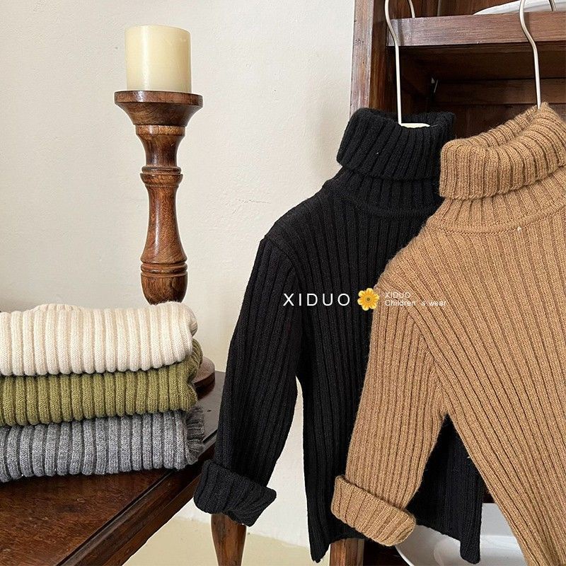 Áo Sweater Cổ Cao Co Giãn Màu Trơn Thời Trang Thu Đông Hàn Quốc Mới Cho Bé Trai Bé Gái