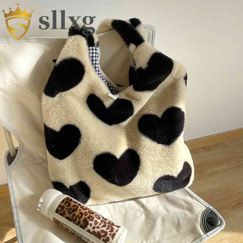 Túi Tote Đeo Vai Mùa Đông Kích Thước Lớn Họa Tiết Trái Tim Bằng Vải Lông