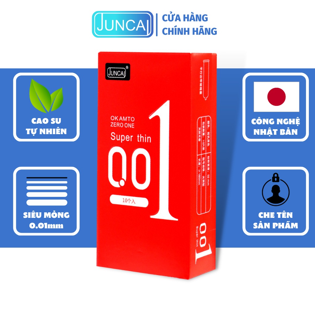 Bao cao su JUNCAI 001 Okamto Superthin Red siêu mỏng, siêu trơn, công nghệ Nhật Bản ( hộp 10 bao)