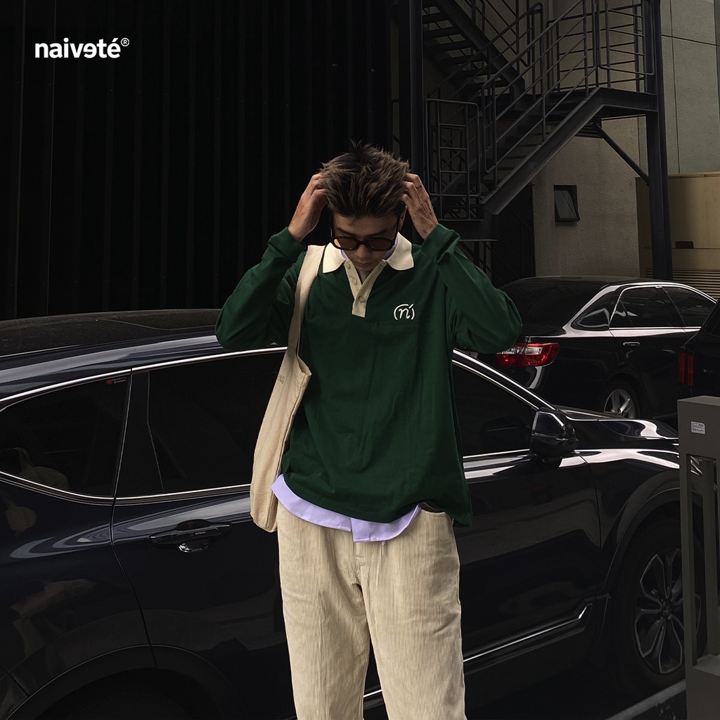 Áo polo dài tay unisex Tag Logo NAIVETE sweater cổ bẻ chất liệu cotton