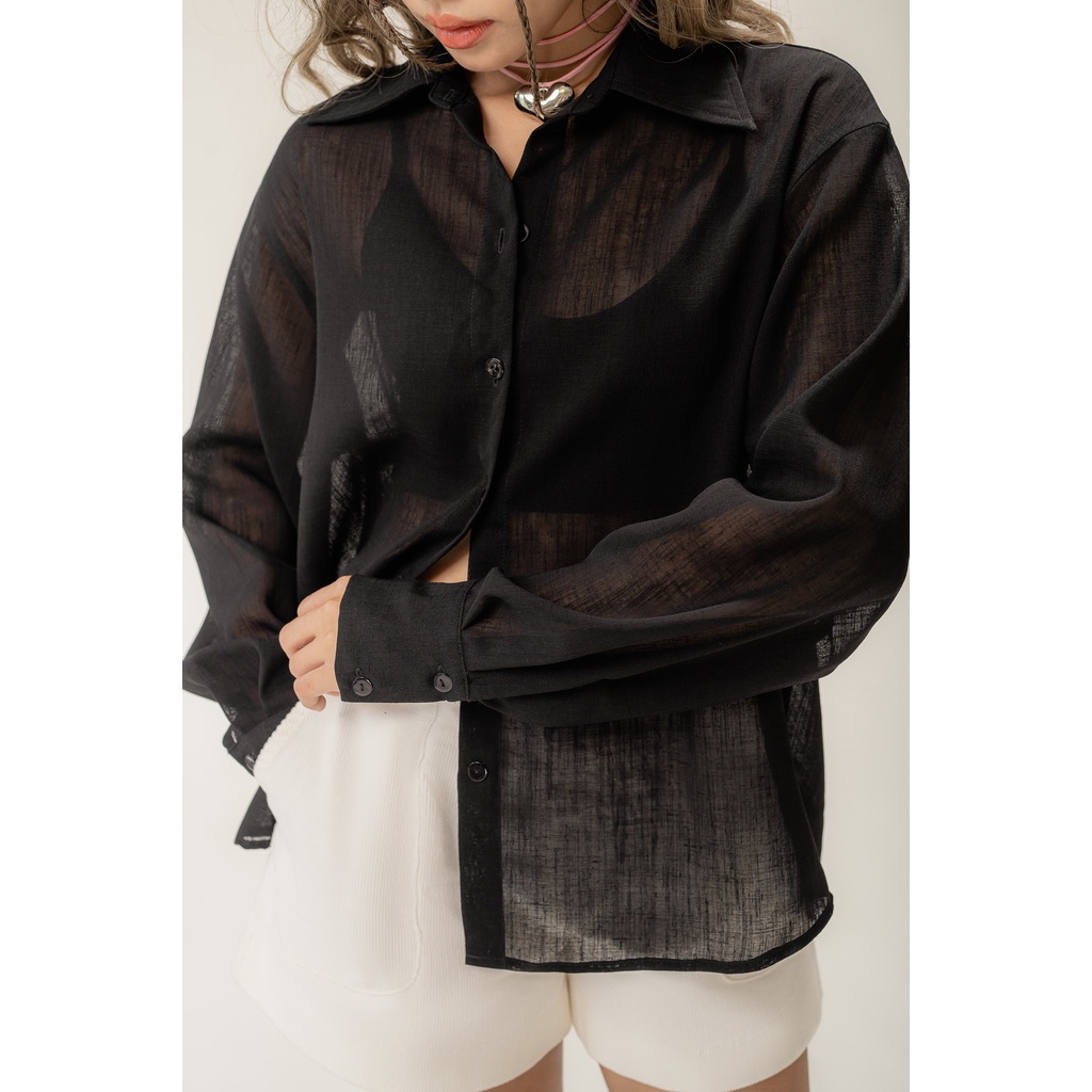 LIBÉ - Áo sơ mi tay dài dáng rộng sọc gân màu đen