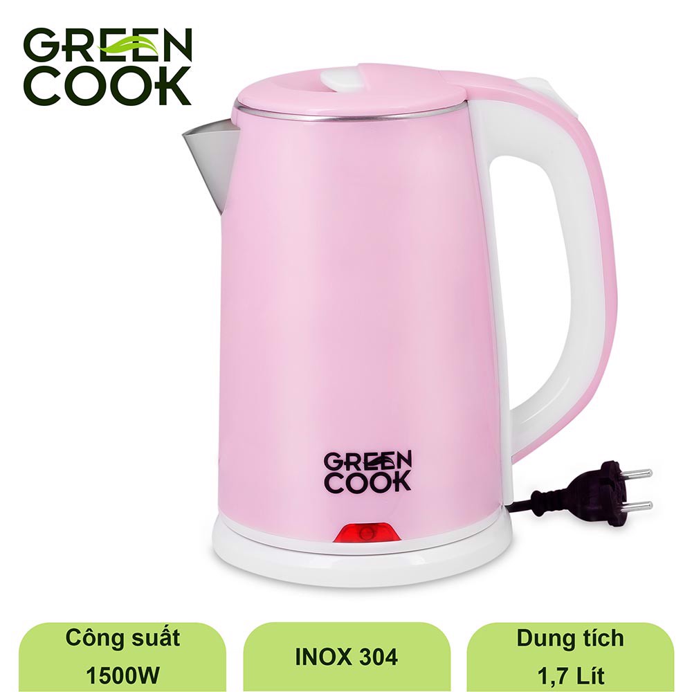 Bình đun inox 304 cao cấp Green Cook GCEK-17S15D 2 lớp chống bỏng 1,7L - Hàng chính hãng