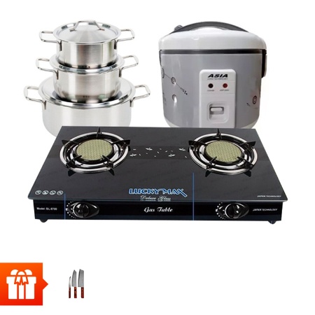 Bếp gas Lucky Max (Q120mm) + 01 Nồi cơm điện loại 1.2L + 01 Bộ nồi 3 cái + TẶNG 01 Bộ dao 3 món