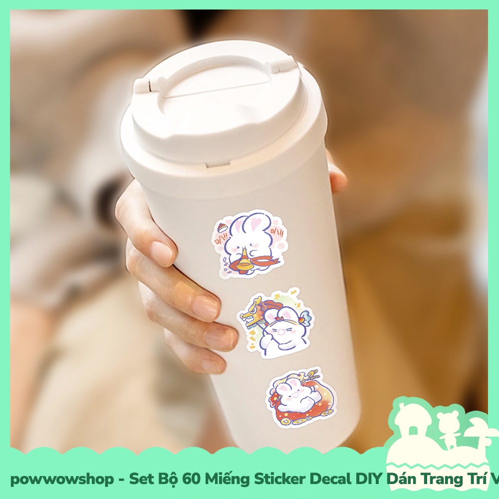 [Sẵn VN - Hỏa Tốc] Set Bộ 60 Miếng Sticker DIY Chống Thấm Nước Dán Trang Trí Vật Dụng Phong Cách Hoạt Hình Thỏ Tết