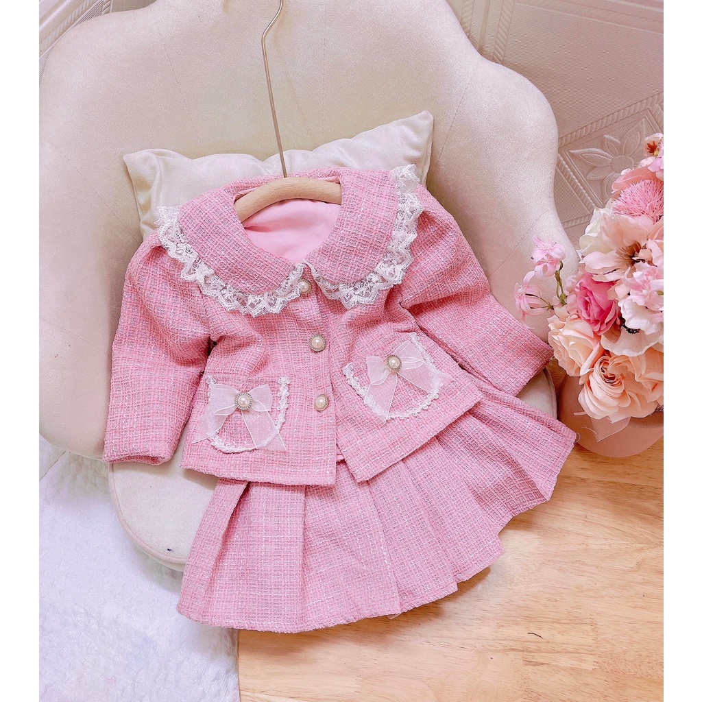 Sét váy dạ hồng cổ sen túi 2 nơ 6-13 kg