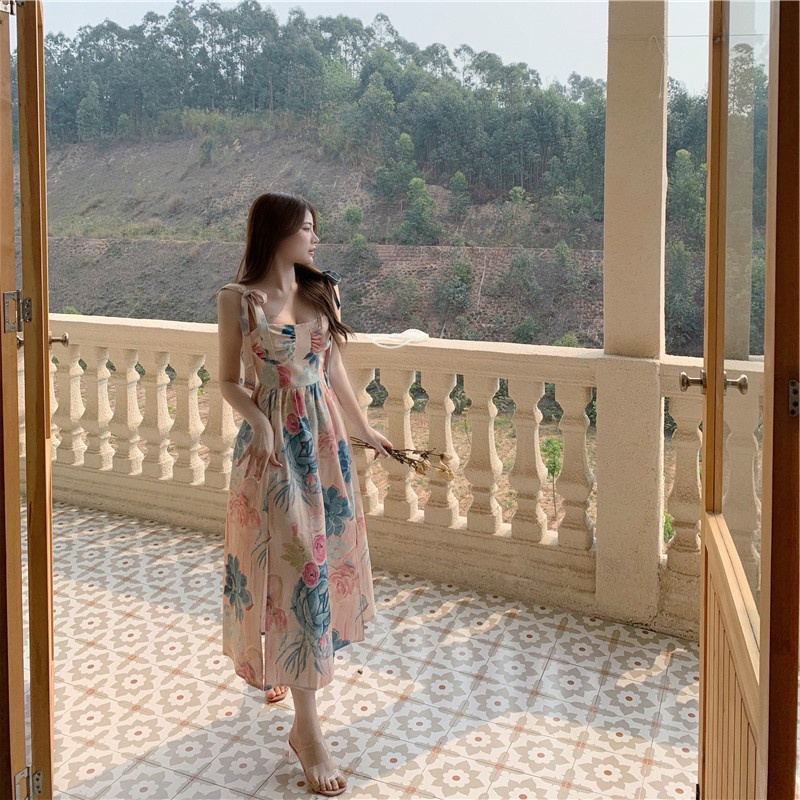 Đầm Hai Dây Thắt Nơ In Họa Tiết Tranh Sơn Dầu Phong Cách Pháp Cổ Điển Mẫu Mới 2023