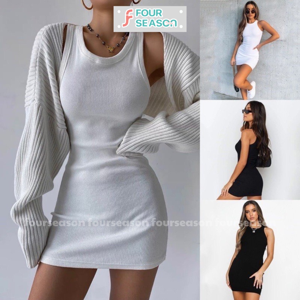 Đầm ba lỗ cổ tròn ôm body sexy tôn dáng váy trơn ôm sát gợi cảm basic chất thun gân dày FS