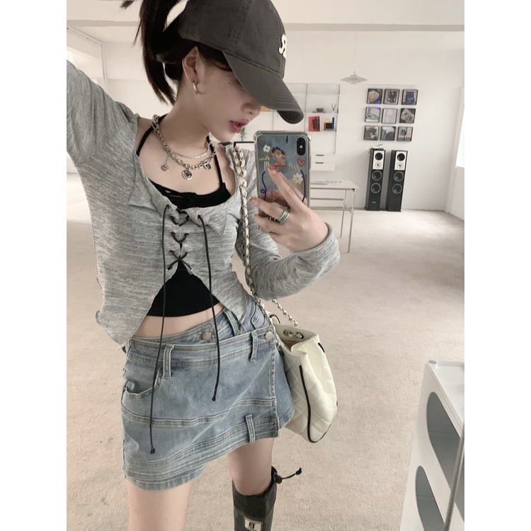 Set Áo Hai Dây Màu Trơn + Áo Khoác cardigan Dài Tay Màu Đen / Xám Phong Cách Hàn Quốc Quyến Rũ Dành Cho Nữ