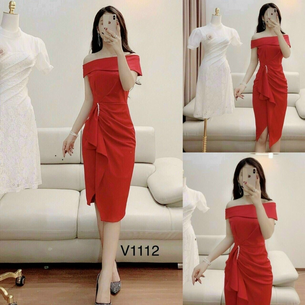 Đầm bẹt vai đính cườm thời trang nữ sang chảnh dự tiệc chất for cao cấp cổ trễ đính cườm ngay eo chân váy xéo maxi