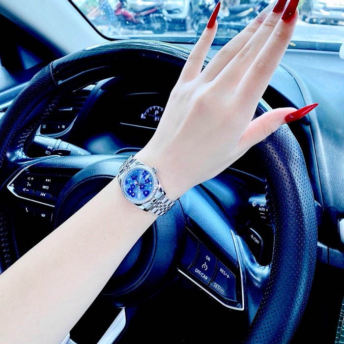 Đồng hồ nữ chính hãng, Đồng hồ đeo tay Rolex mặt xanh dây thép không gỉ - Quartz (pin)