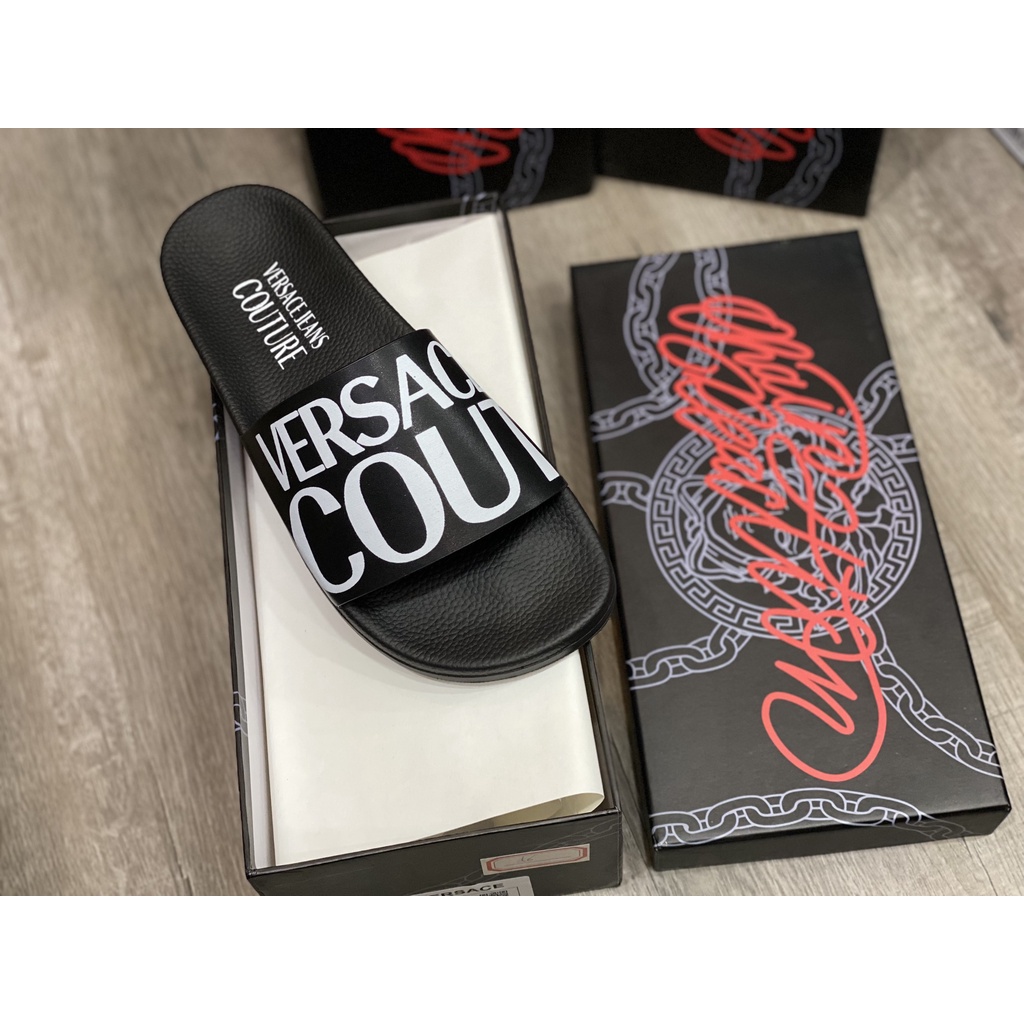 Dép Nam Versace Jeans Couture Logo Slippers In Black Màu Đen