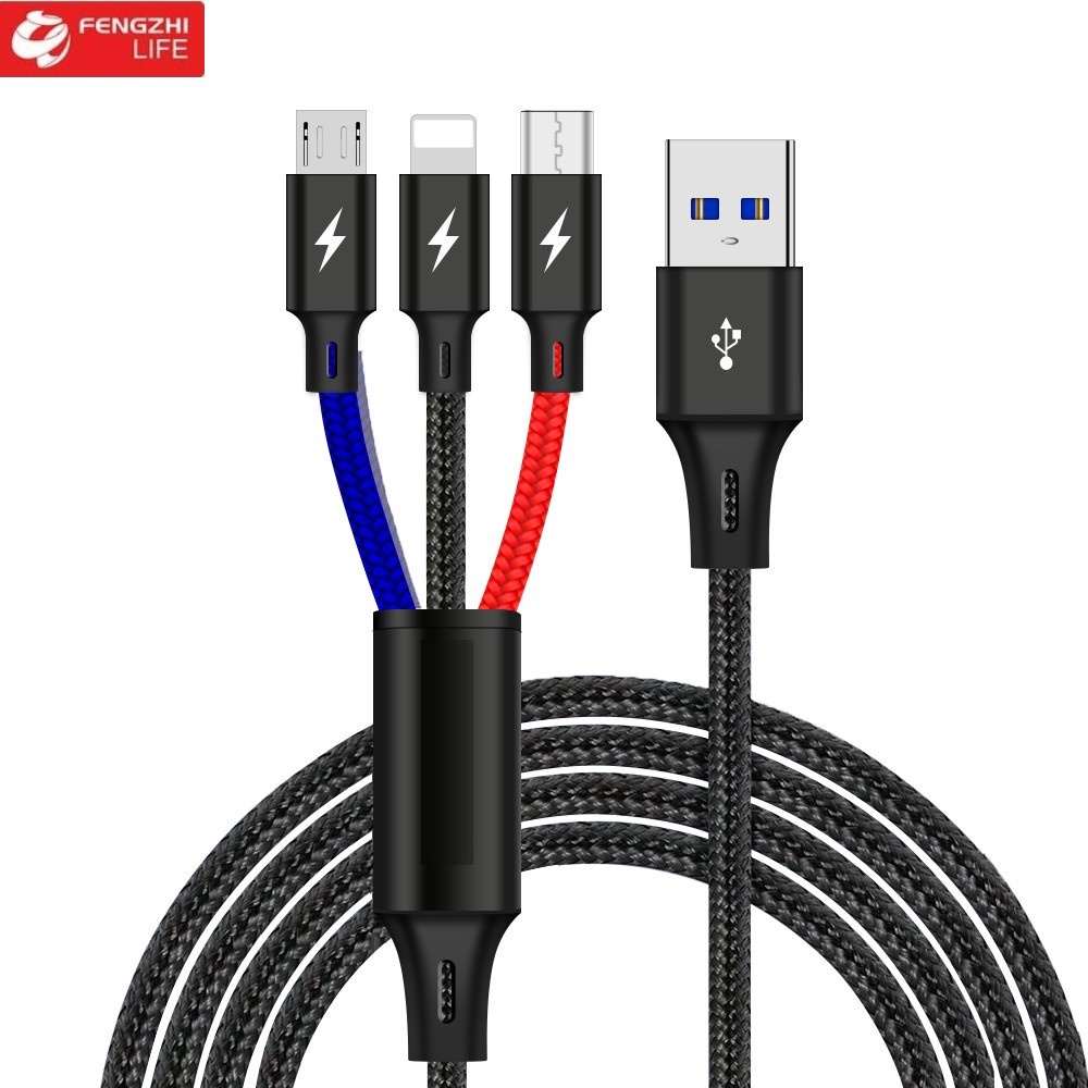Dây sạc 3 đầu dòng điện 3A FENGZHI LIFE TS003 bọc dù chống rối gồm 3 chui sạc type c micro lignig cao cấp