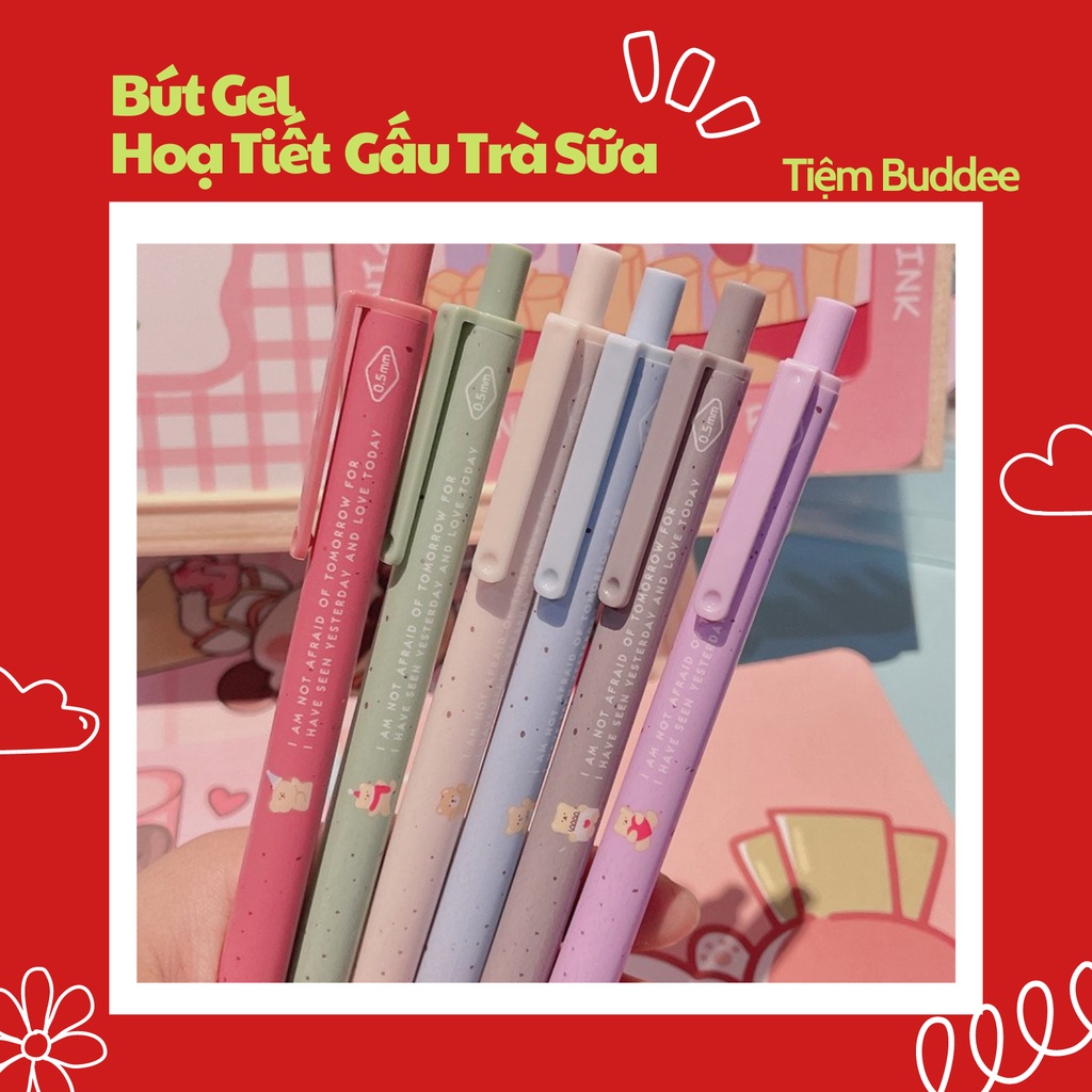 Bút Bi Gel Mực Đen Hoạ Tiết Gấu Trà Sữa Đáng Yêu Ngòi 0.5mm