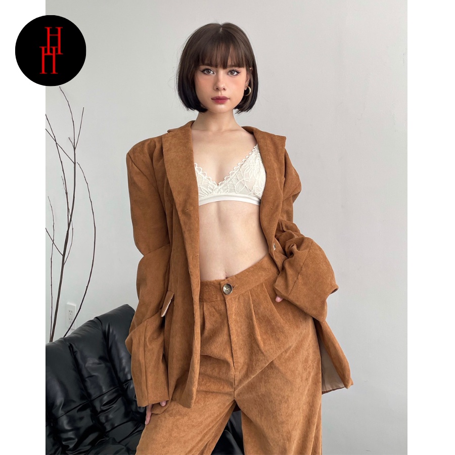 Áo blazer nữ dáng rộng màu nâu HAK20 Hỉn Hỉn Store