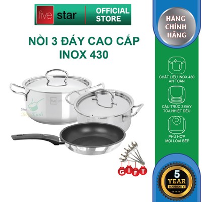 Bộ 2 nồi và 1 chảo chống dính 3 đáy từ inox 430 FiveStar Standard nắp inox , dùng được mọi bếp , tặng 5 muỗng ăn