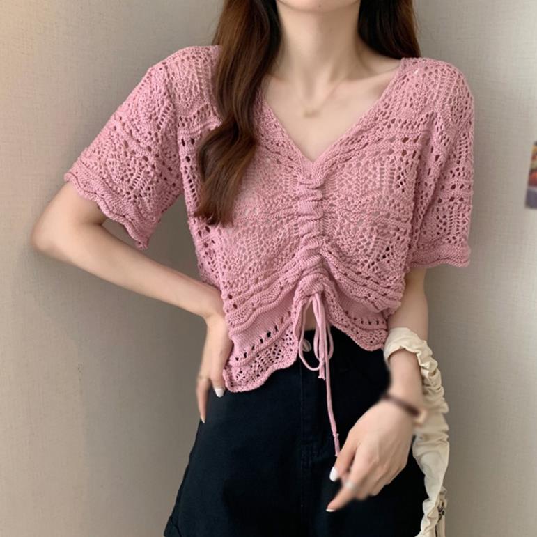 Áo kiểu lưới tay ngắn phối dây rút chống nắng thời trang mùa hè dành cho nữ