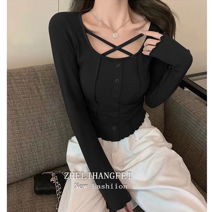 Áo kiểu ZHELIHANGFEI tay dài cổ phối dây đan chéo thời trang trẻ trung