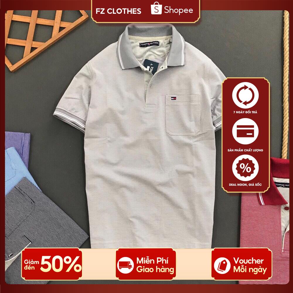 Áo thun Polo trơn sọc Tommy có túi cổ bẻ, chất cotton cá sấu mềm cực gọn gàng và thanh lịch