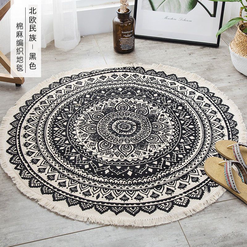 Nordic Cotton and Linen round Carpet Vintage Basket Floor Mat Bedroom Living Room Sofa Coffee Table 