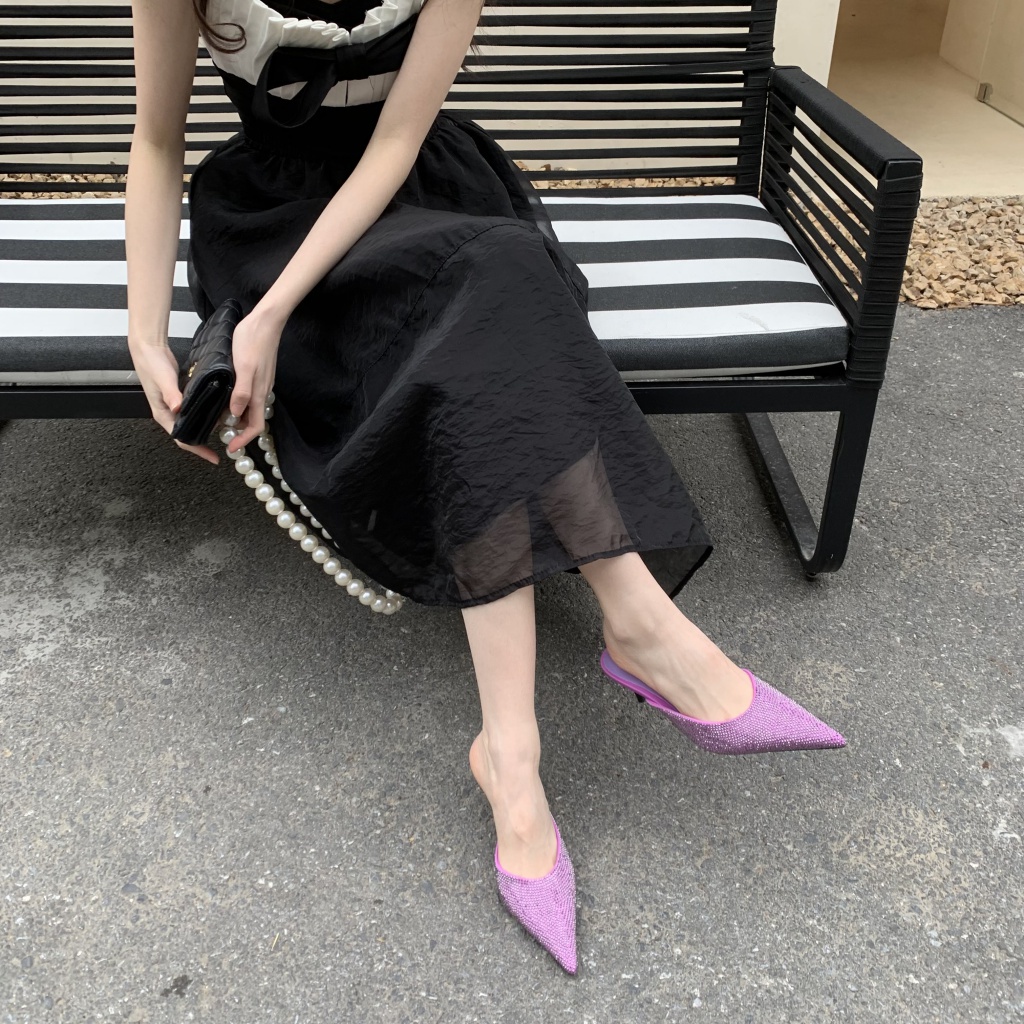 Dép Cao Gót Mũi Nhọn Đính Đá Lấp Lánh Phong Cách Mới 2023