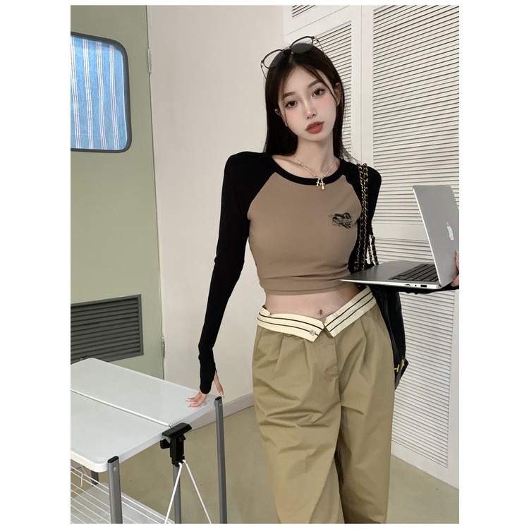 Áo Thun Tay Ngắn Dáng Ôm In Họa Tiết Màu Sắc Tương Phản Thời Trang Mùa Thu