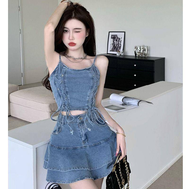 Set Áo Yếm Denim + Chân Váy Lưng Cao Thời Trang Dành Cho Nữ