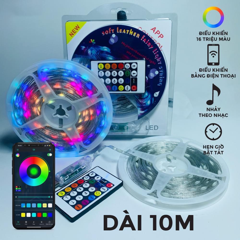 Cuộn nháy Led đuổi 10M Dây đèn RGB 5V nháy theo nhạc, chống nước chỉnh app điện thoại + điều Khiển