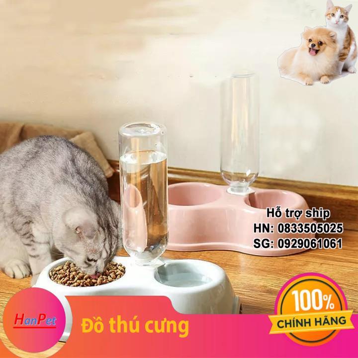 HCM- Bát nhựa đôi chó mèo loại có kèm bình nước - Ăn, Uống tự động cấp nước (hanpet 355)