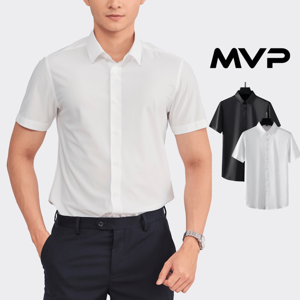 Áo sơ mi nam ngắn tay trơn MVP form slimfit, vải lụa chéo đẹp hạn chế nhăn, màu sắc thanh lịch, hiện đại