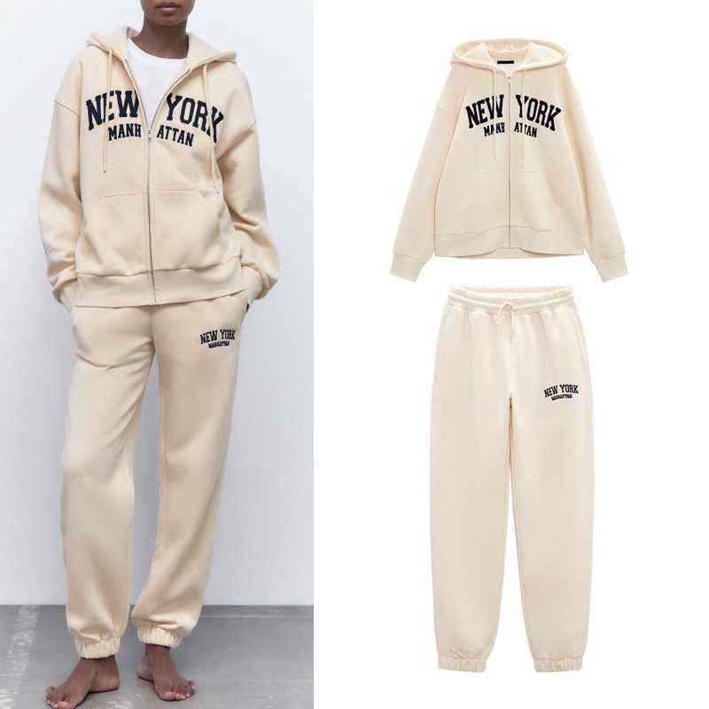 Set Áo hoodie Thêu Chữ + Quần Dài Lưng Cao Thời Trang ZARA 1131893 1131894