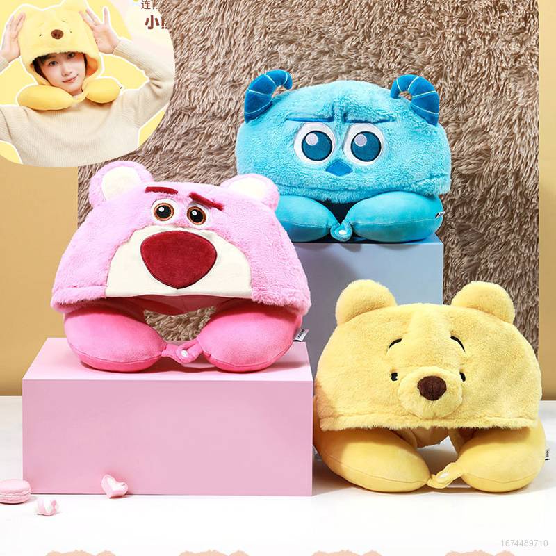 DISNEY Bestso Gối Kê Cổ Chữ U Có Mũ Trùm Đầu Hình Gấu Pooh / Hoa Cẩm Chướng / Thỏ Nhồi Bông Đáng Yêu Dùng Trong Văn Phòng