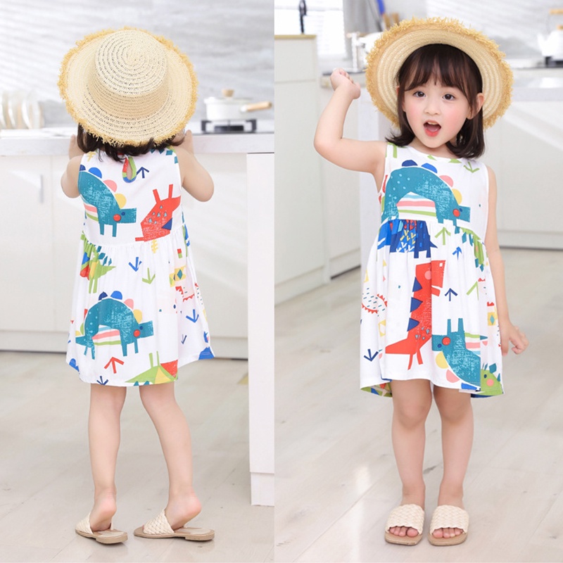 LJMOFA KIDS Váy Trẻ Em 2-8T Năm Cô Gái Mùa Hè Dễ Thương Váy Dầy Màu Sắc Hoa Vỡ Phim Hoạt Hình Khủng Long Nhiều Phong Cách Lựa Chọn