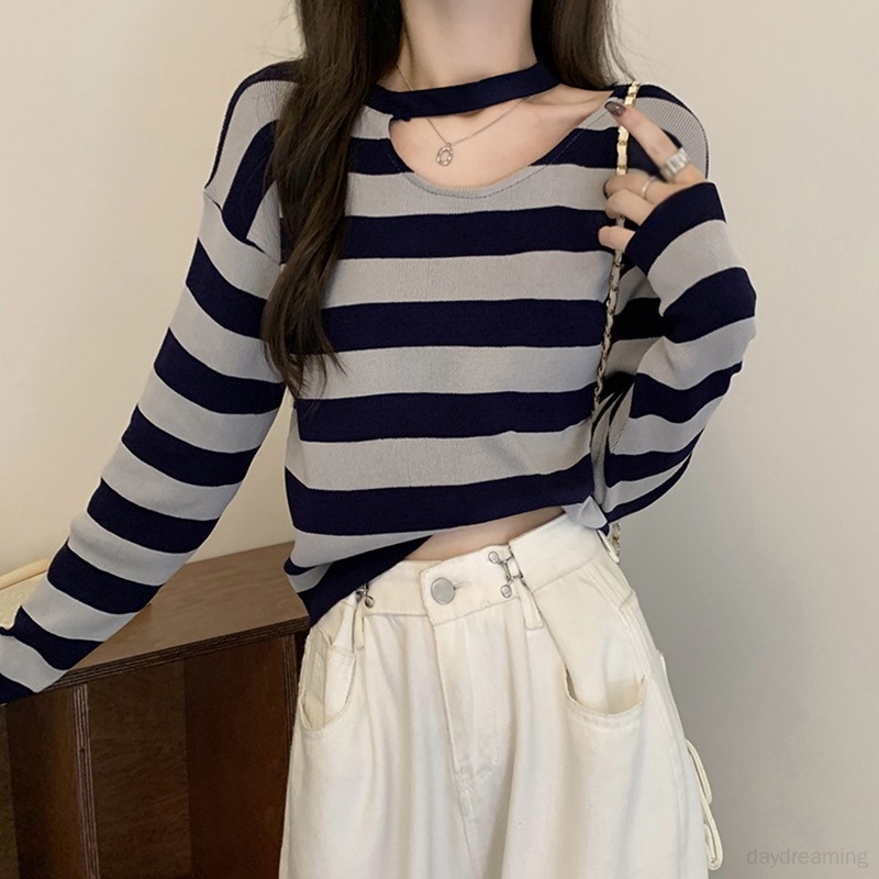 Áo Sweater Tay Dài Hoạ Tiết Kẻ Sọc Thời Trang Xuân Thu Cho Phái Nữ