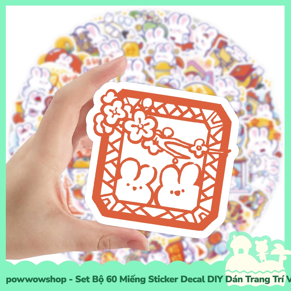 [Sẵn VN - Hỏa Tốc] Set Bộ 60 Miếng Sticker DIY Chống Thấm Nước Dán Trang Trí Vật Dụng Phong Cách Hoạt Hình Thỏ Tết