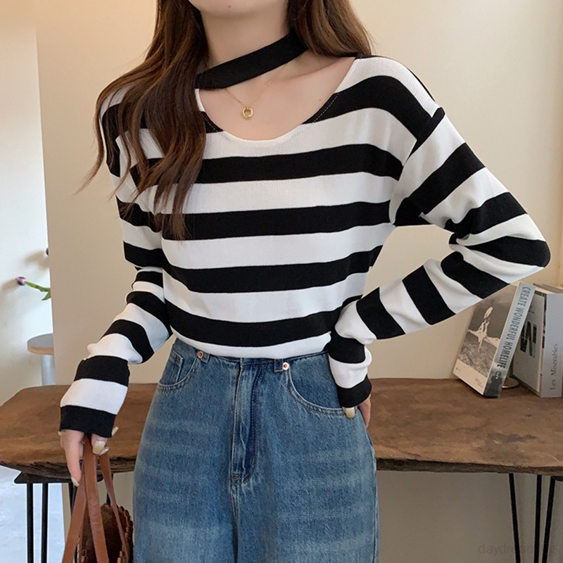 Áo Sweater Tay Dài Hoạ Tiết Kẻ Sọc Thời Trang Xuân Thu Cho Phái Nữ