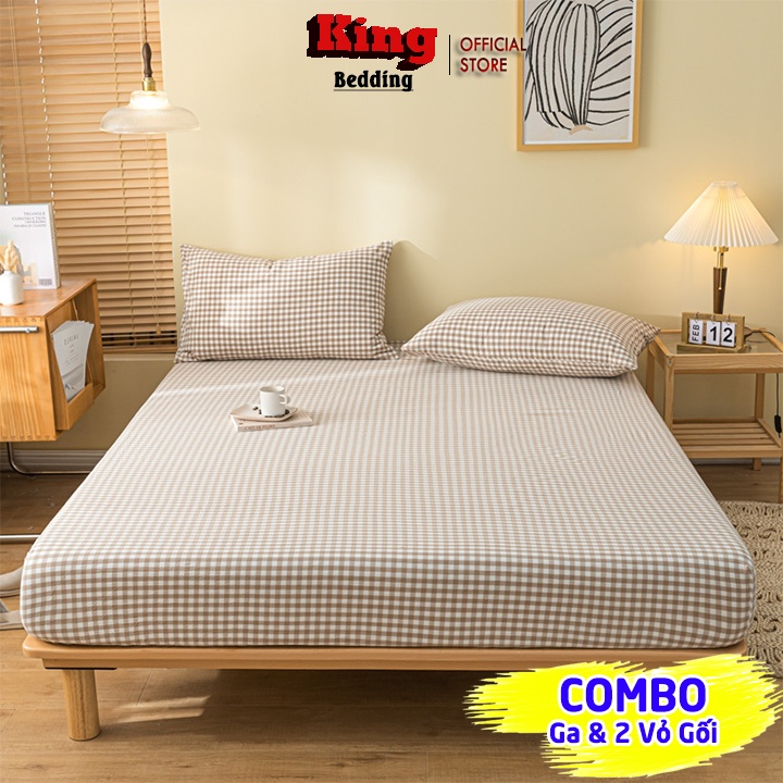 Bộ Ga Giường và 2 vỏ Gối 💖m2/m4/m6/m8💖 Poly Cotton 4 Mùa, Ga Giường Caro Nâu Be Đáng Yêu - Kingbedding