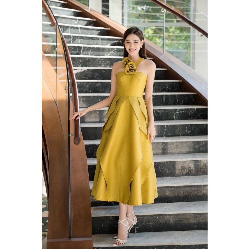 Đầm váy midi dự tiệc lượn sóng đính hoa