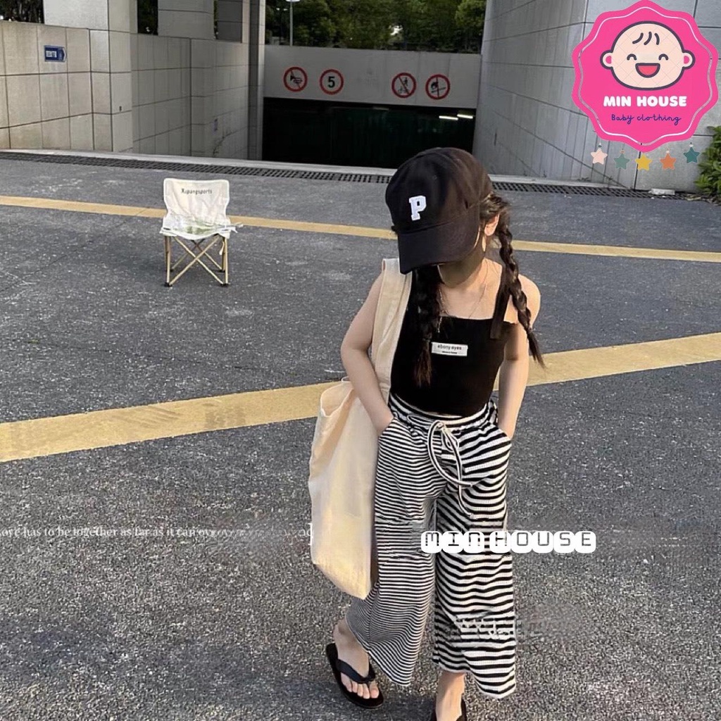 (10-20kg) Set áo croptop 2 dây phối quần kẻ sọc ống rộng cho bé diện hè, đi chơi