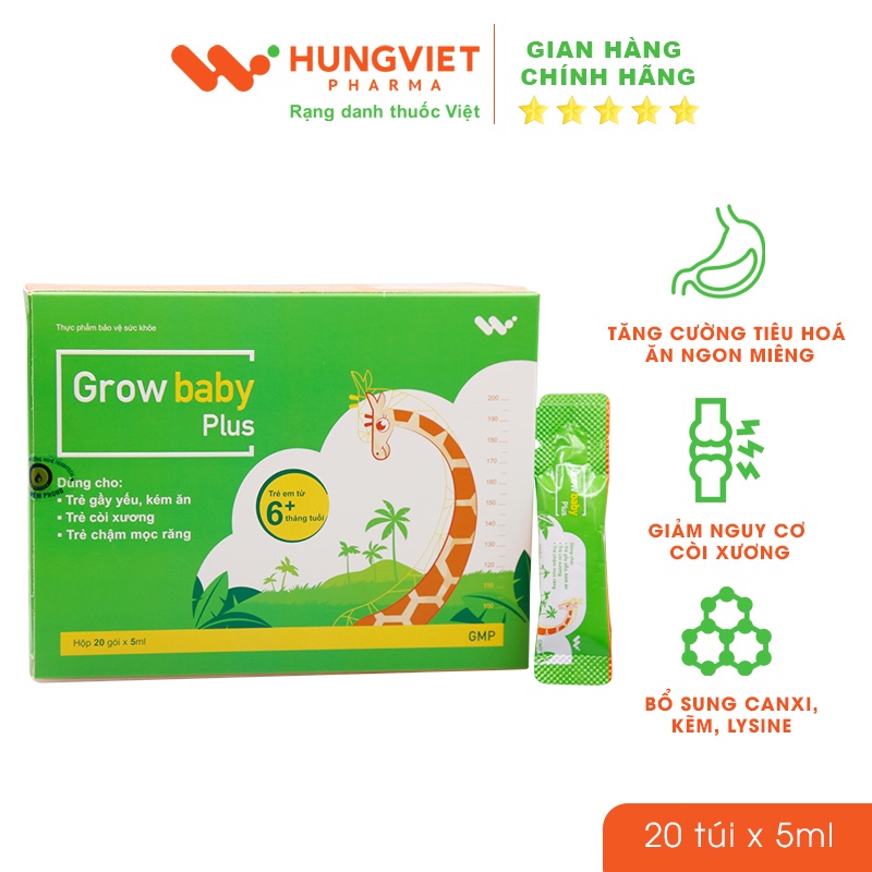Siro Grow Baby Plus - Hỗ trợ phát triển chiều cao, giúp giảm nguy cơ còi xương ở trẻ HungViet Pharma hộp 20 túi 5ml