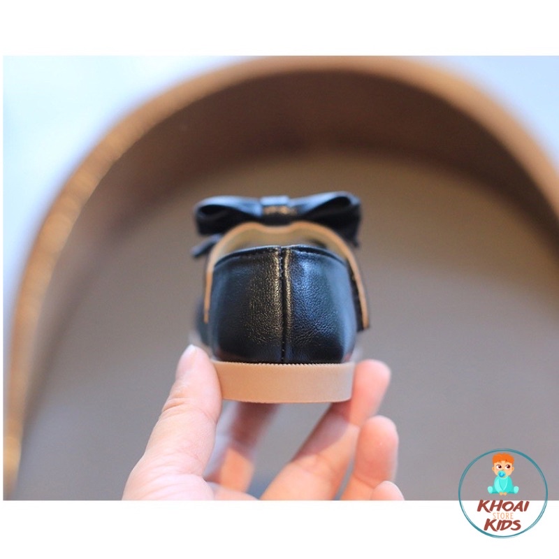 Sandal đế mềm bằng da màu trơn, hài búp bê đính nơ dễ thương thời trang cho bé gái