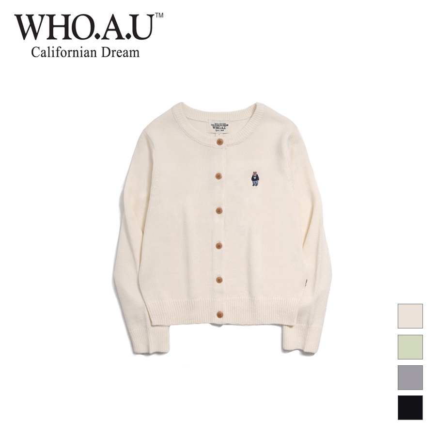 Áo len cardigan WHO.A.U WHCKD1103F thêu hình gấu Steve tay dài  cổ chữ R (mẫu mới)