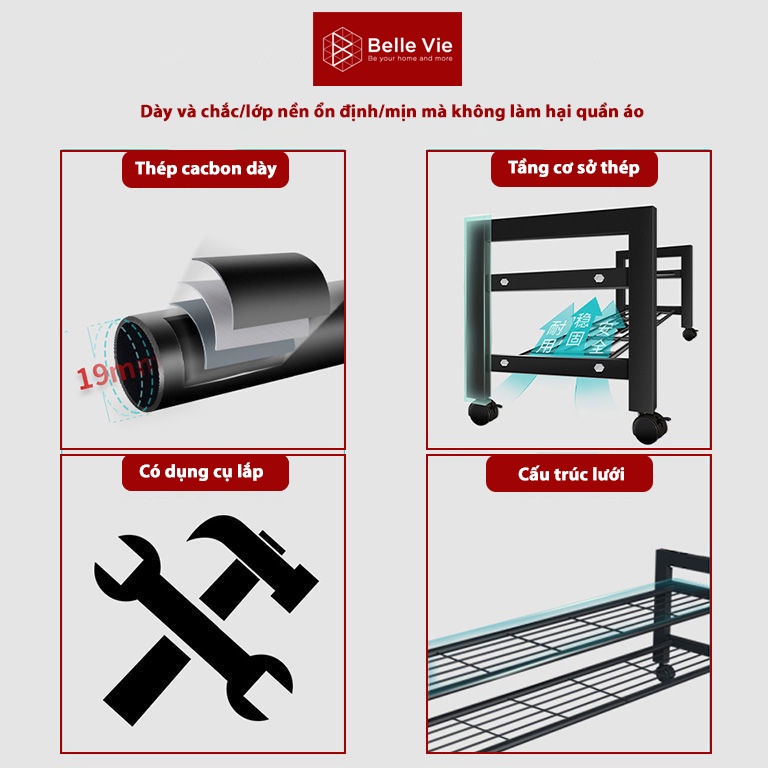 Kệ Treo Quần Áo Có Bánh Xe 2 Giàn 1 Tầng Để Đồ BELLEVIE Giá Treo Quần Áo Khung Thép Lắp Ráp Tiện Lợi Chịu Lực Lớn