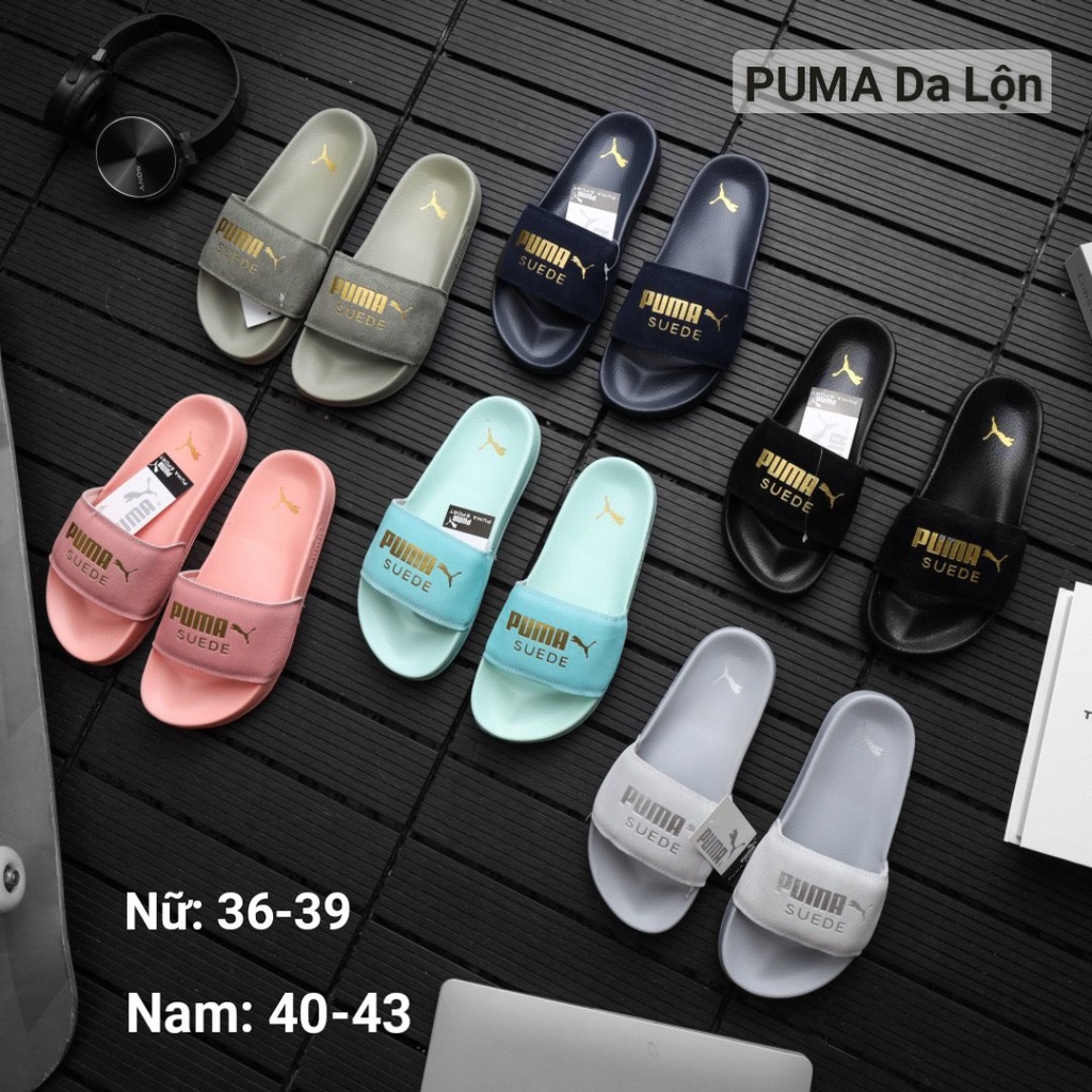 Dép unisex 𝐏𝐔𝐌𝐀 da lộn FREESHIP + Hộp dép mlb puma quai ngang hình con báo nam nữ thể thao kèm tem tag mác đầy đủ