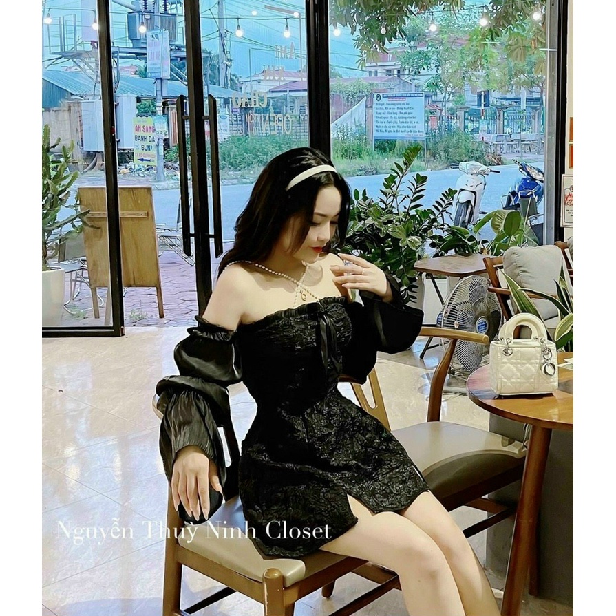 Váy đầm tiểu thư gấm babydoll cổ dây chéo phối với tay dài xếp tầng hiện đại