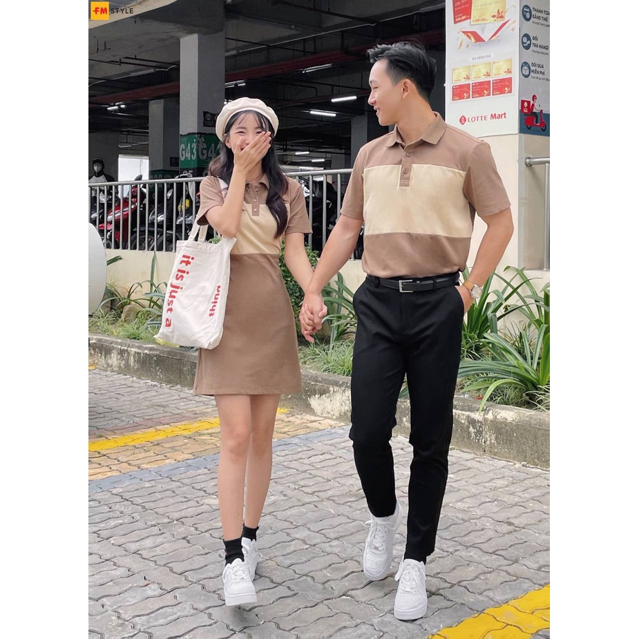 Set đồ đôi FM Style đầm nữ dáng ngắn kèm áo polo nam hoạ tiết trơn basic thời trang couple 23010997